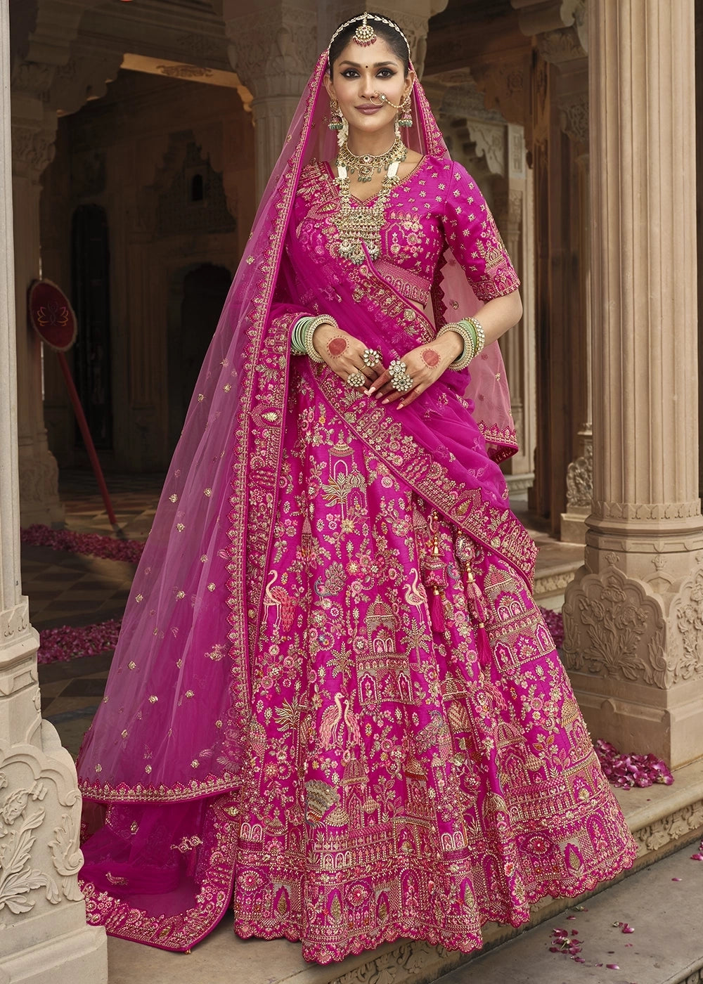 Pink Silk Multi-Color Thread,Zarkan Elephant Motif Hand Work Embroidered Bridal Semi Stitched Lehenga House of Panchhi