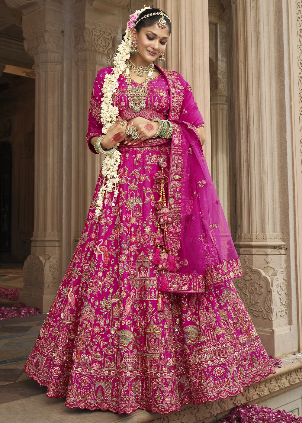 Pink Silk Multi-Color Thread,Zarkan Elephant Motif Hand Work Embroidered Bridal Semi Stitched Lehenga House of Panchhi