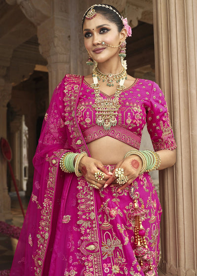 Pink Silk Multi-Color Thread,Zarkan Elephant Motif Hand Work Embroidered Bridal Semi Stitched Lehenga House of Panchhi