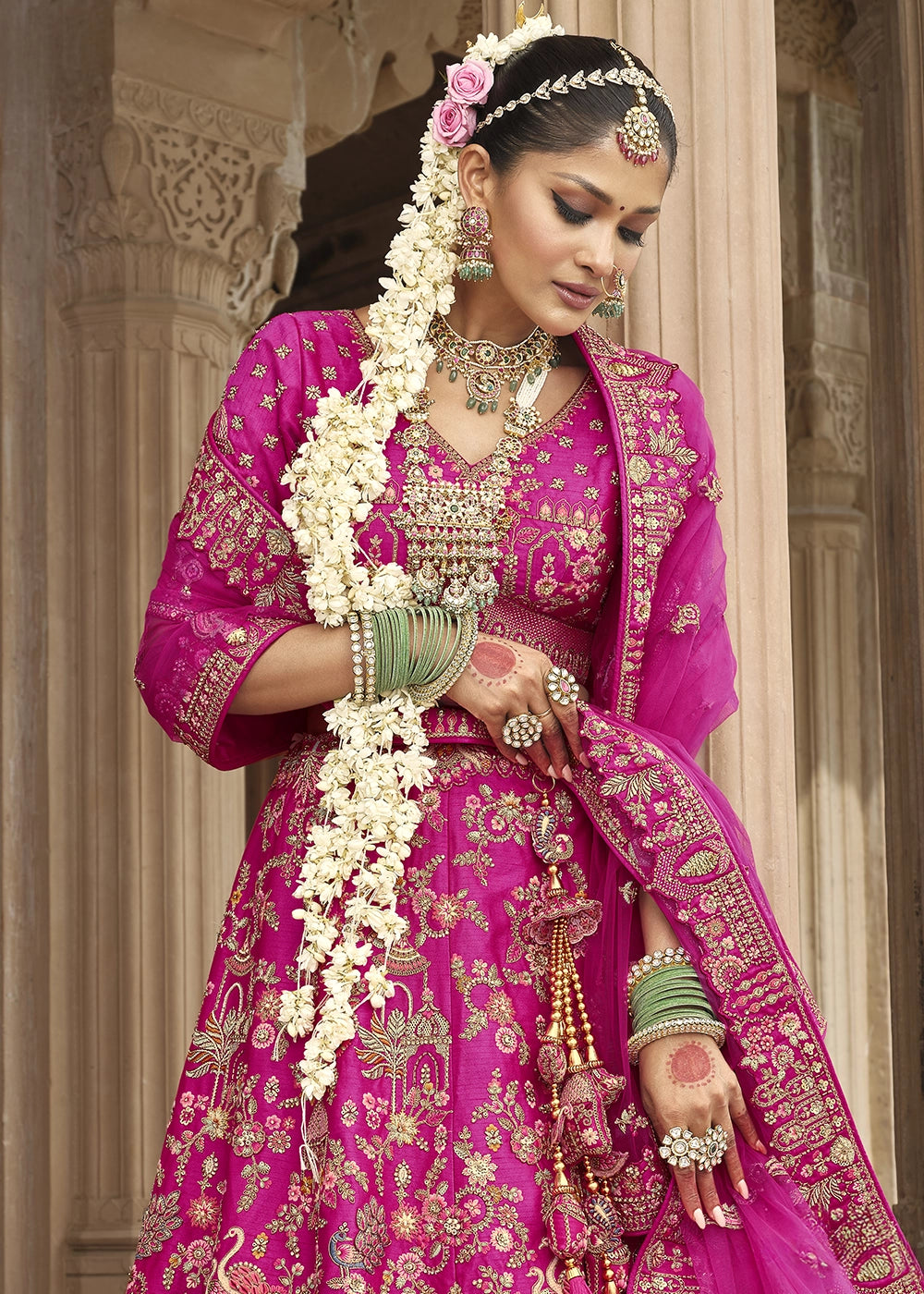 Pink Silk Multi-Color Thread,Zarkan Elephant Motif Hand Work Embroidered Bridal Semi Stitched Lehenga House of Panchhi