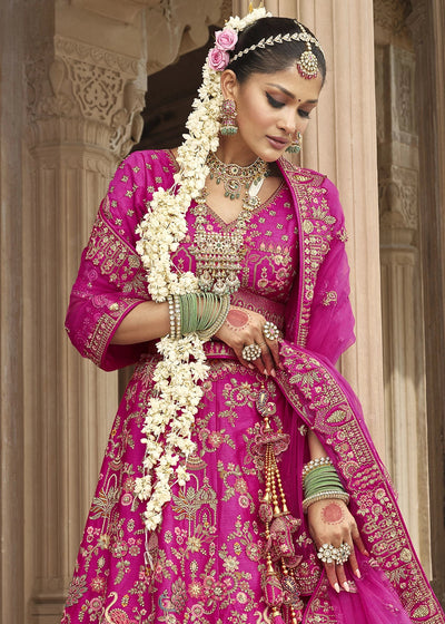 Pink Silk Multi-Color Thread,Zarkan Elephant Motif Hand Work Embroidered Bridal Semi Stitched Lehenga House of Panchhi