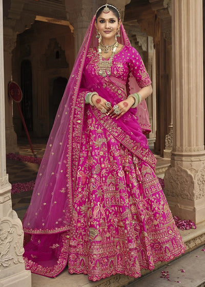 Pink Silk Multi-Color Thread,Zarkan Elephant Motif Hand Work Embroidered Bridal Semi Stitched Lehenga House of Panchhi