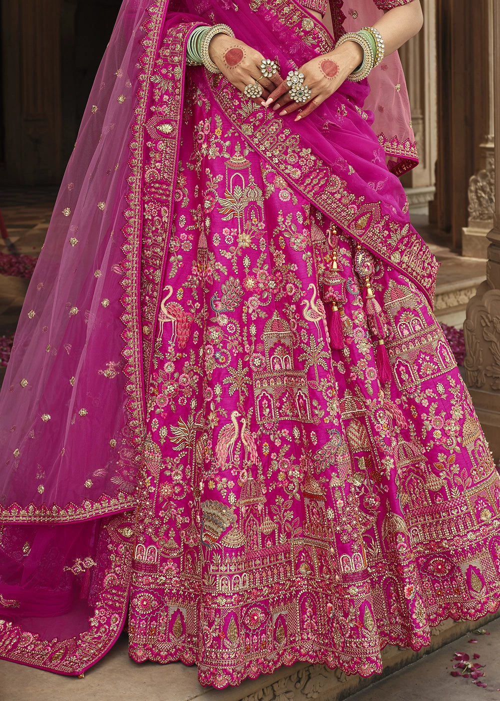 Pink Silk Multi-Color Thread,Zarkan Elephant Motif Hand Work Embroidered Bridal Semi Stitched Lehenga House of Panchhi