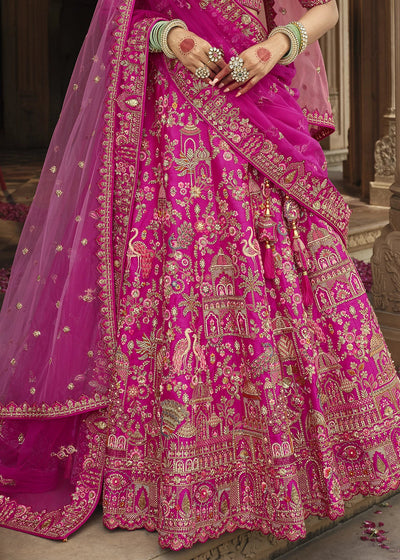 Pink Silk Multi-Color Thread,Zarkan Elephant Motif Hand Work Embroidered Bridal Semi Stitched Lehenga House of Panchhi