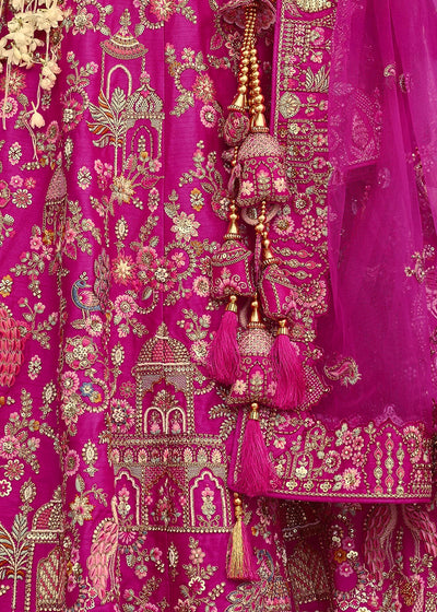 Pink Silk Multi-Color Thread,Zarkan Elephant Motif Hand Work Embroidered Bridal Semi Stitched Lehenga House of Panchhi