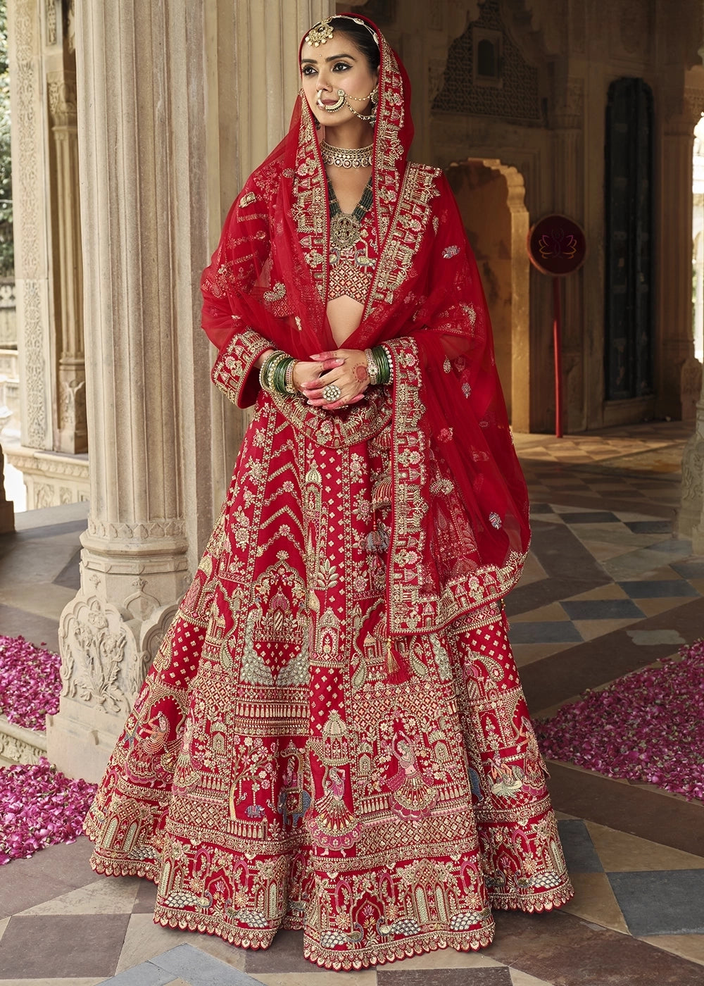 Red- Embroidery, Sequence, Thread Work Bridal Semi Stitched Lehenga House of Panchhi