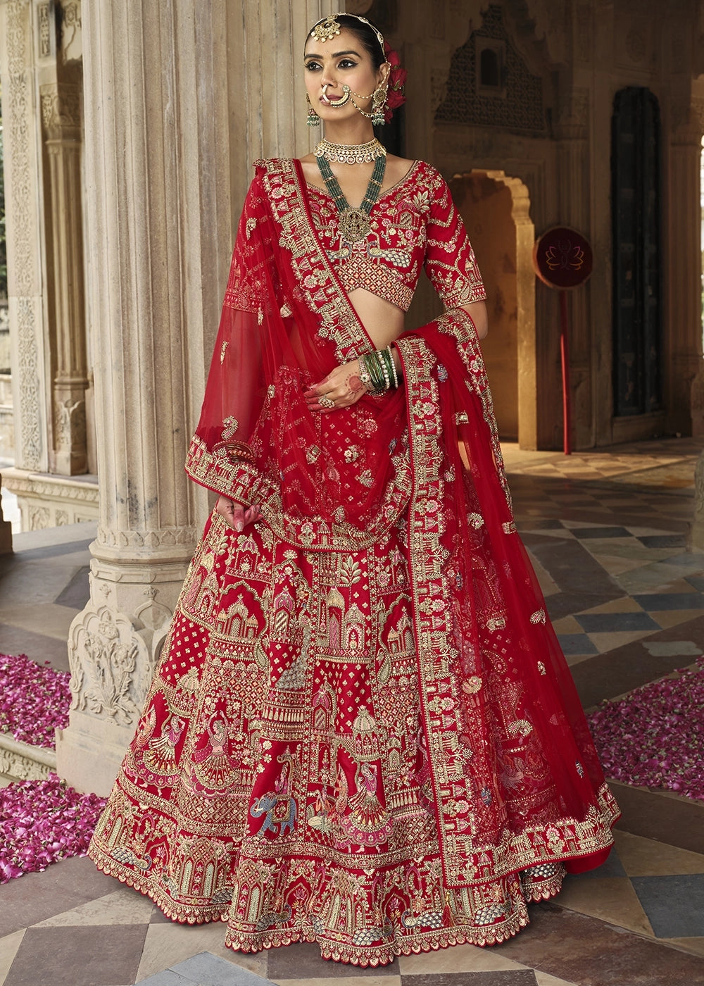 Red- Embroidery, Sequence, Thread Work Bridal Semi Stitched Lehenga House of Panchhi