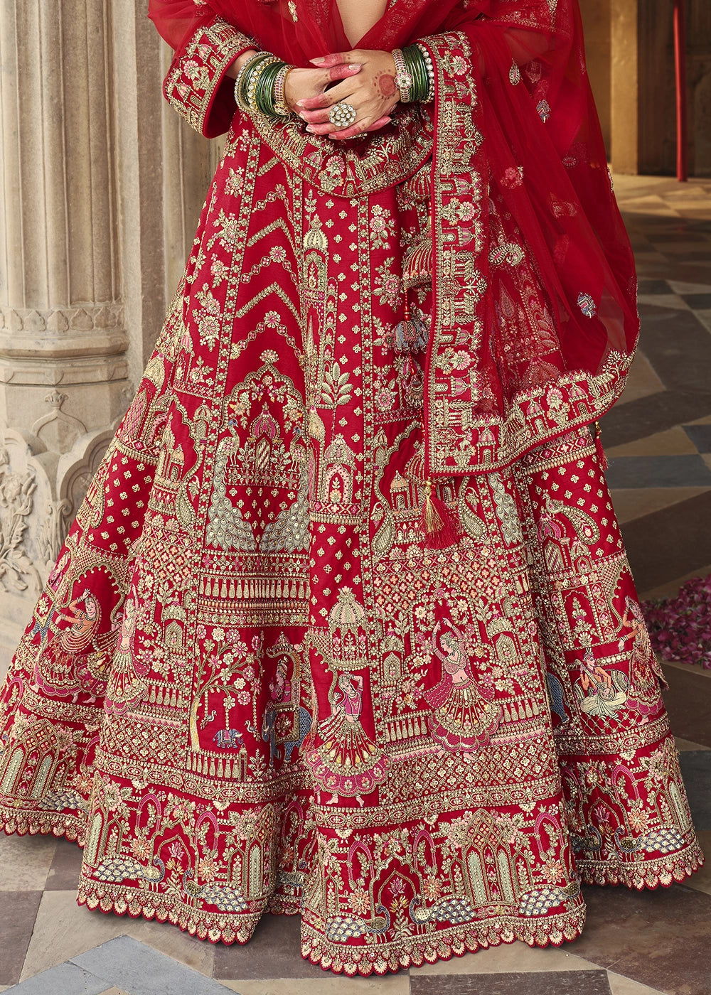 Red- Embroidery, Sequence, Thread Work Bridal Semi Stitched Lehenga House of Panchhi