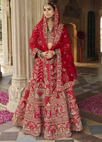Red- Embroidery, Sequence, Thread Work Bridal Semi Stitched Lehenga House of Panchhi