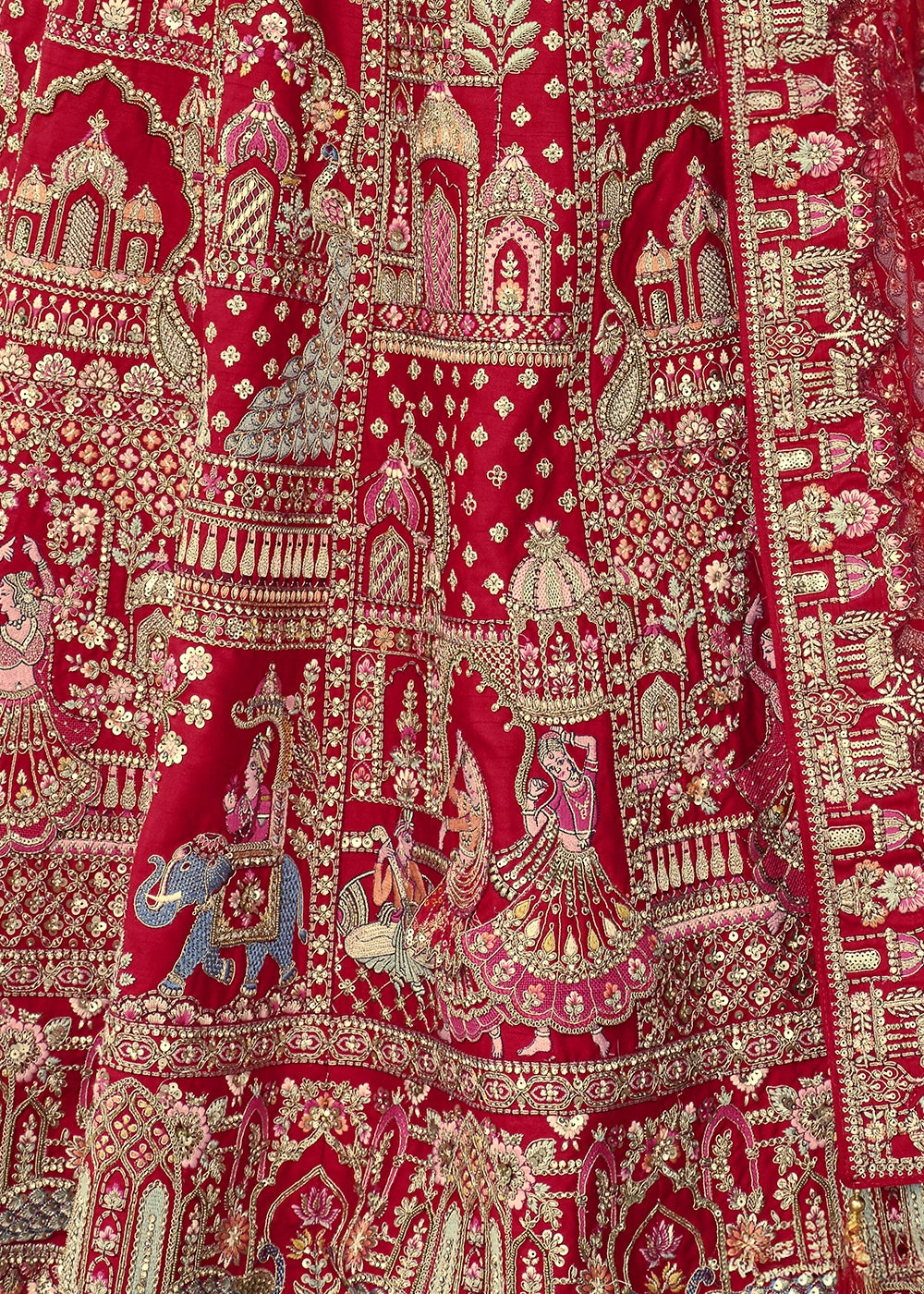Red- Embroidery, Sequence, Thread Work Bridal Semi Stitched Lehenga House of Panchhi
