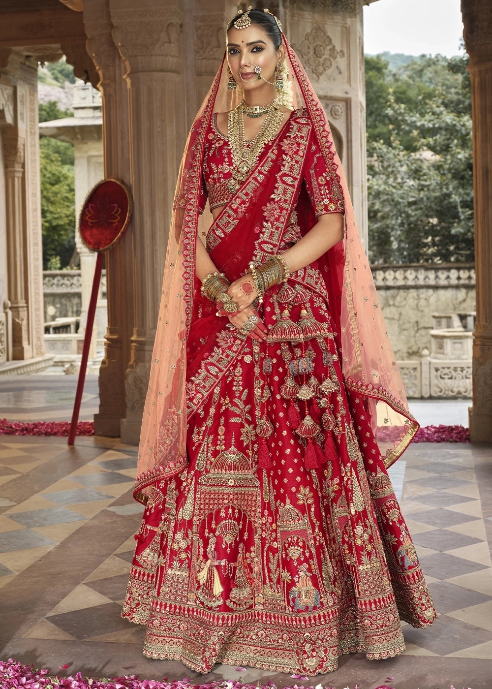 Red- Embroidery, Sequence, Thread Work Bridal Semi Stitched Lehenga House of Panchhi