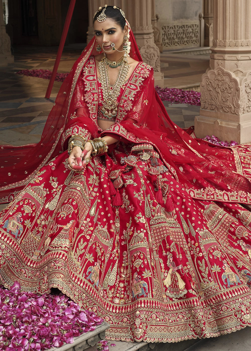 Red- Embroidery, Sequence, Thread Work Bridal Semi Stitched Lehenga House of Panchhi