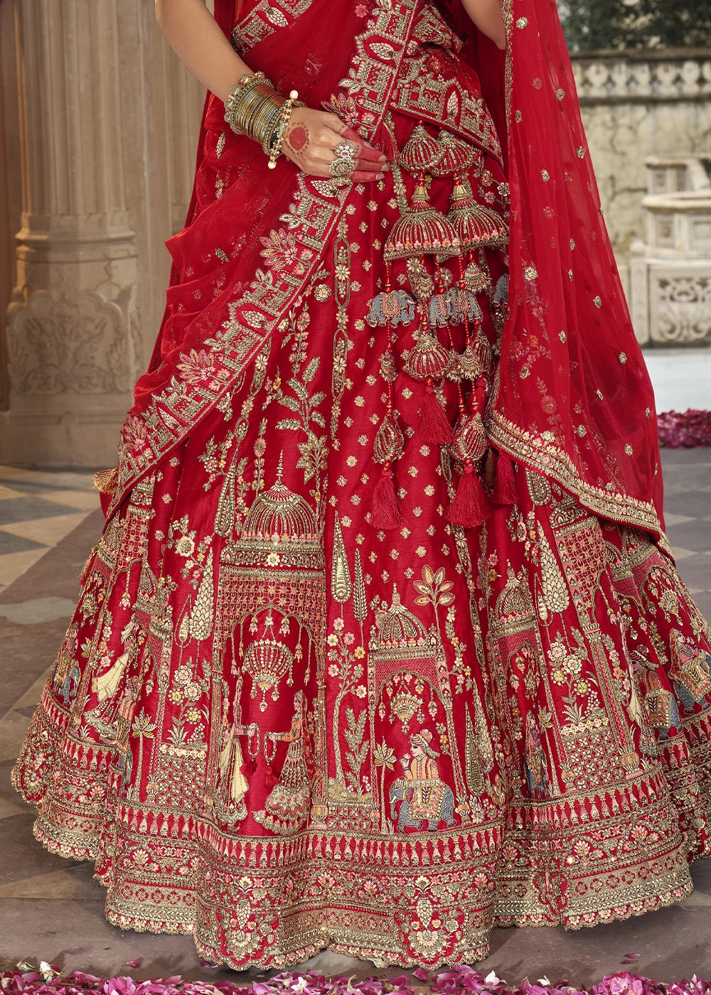 Red- Embroidery, Sequence, Thread Work Bridal Semi Stitched Lehenga House of Panchhi