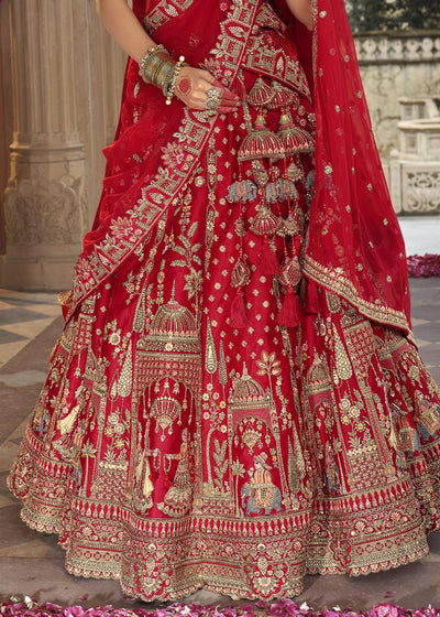 Red- Embroidery, Sequence, Thread Work Bridal Semi Stitched Lehenga House of Panchhi