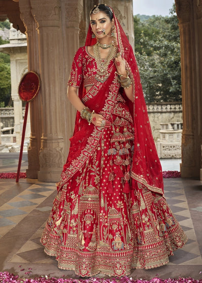 Red- Embroidery, Sequence, Thread Work Bridal Semi Stitched Lehenga House of Panchhi