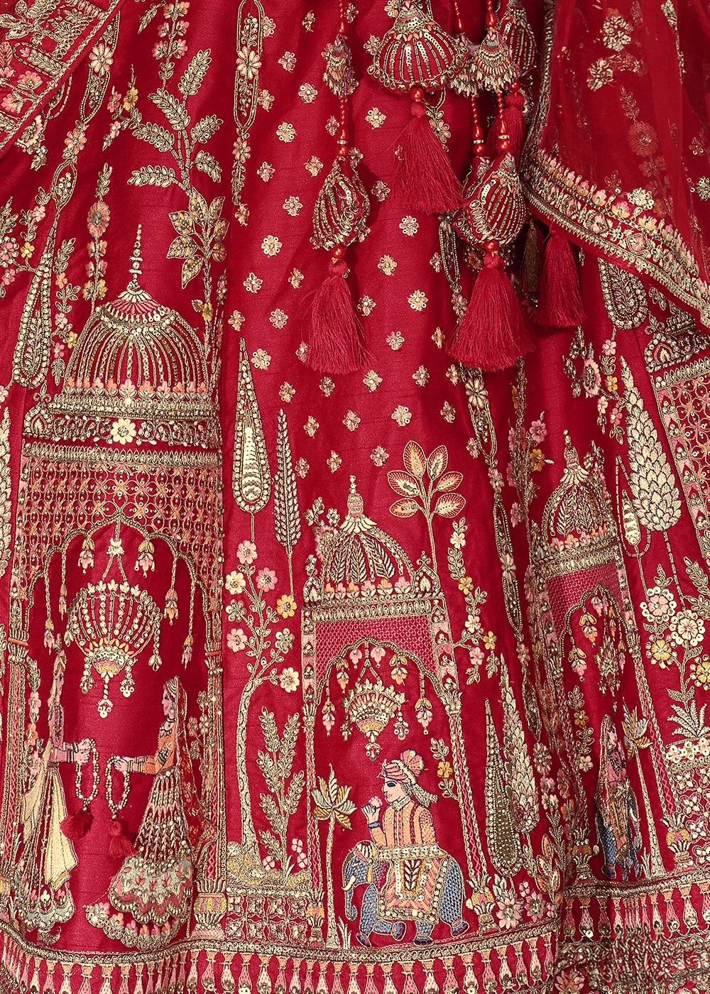 Red- Embroidery, Sequence, Thread Work Bridal Semi Stitched Lehenga House of Panchhi