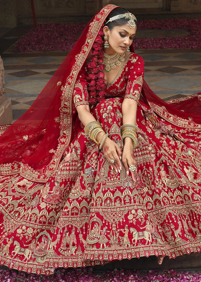 Red- Embroidery, Sequence, Thread Work Bridal Semi Stitched Lehenga House of Panchhi