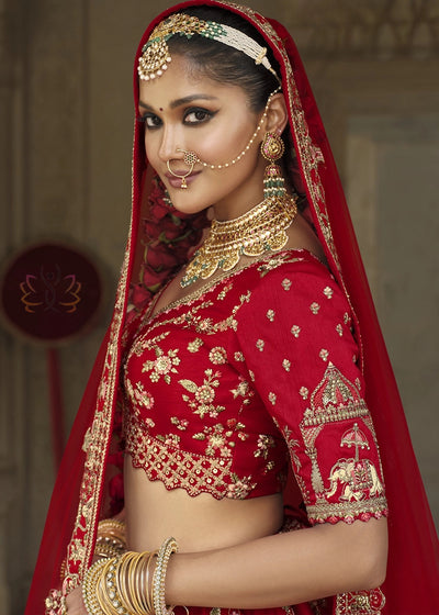 Red- Embroidery, Sequence, Thread Work Bridal Semi Stitched Lehenga House of Panchhi