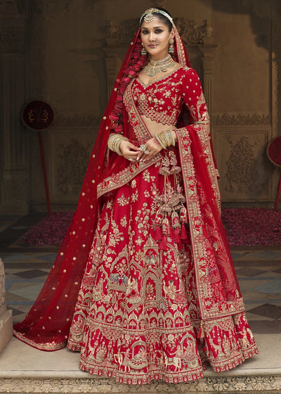 Red- Embroidery, Sequence, Thread Work Bridal Semi Stitched Lehenga House of Panchhi