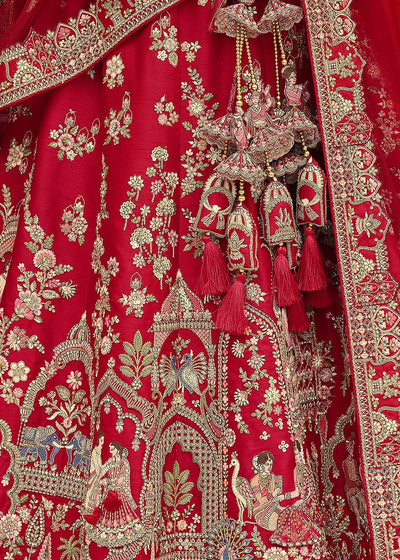 Red- Embroidery, Sequence, Thread Work Bridal Semi Stitched Lehenga House of Panchhi