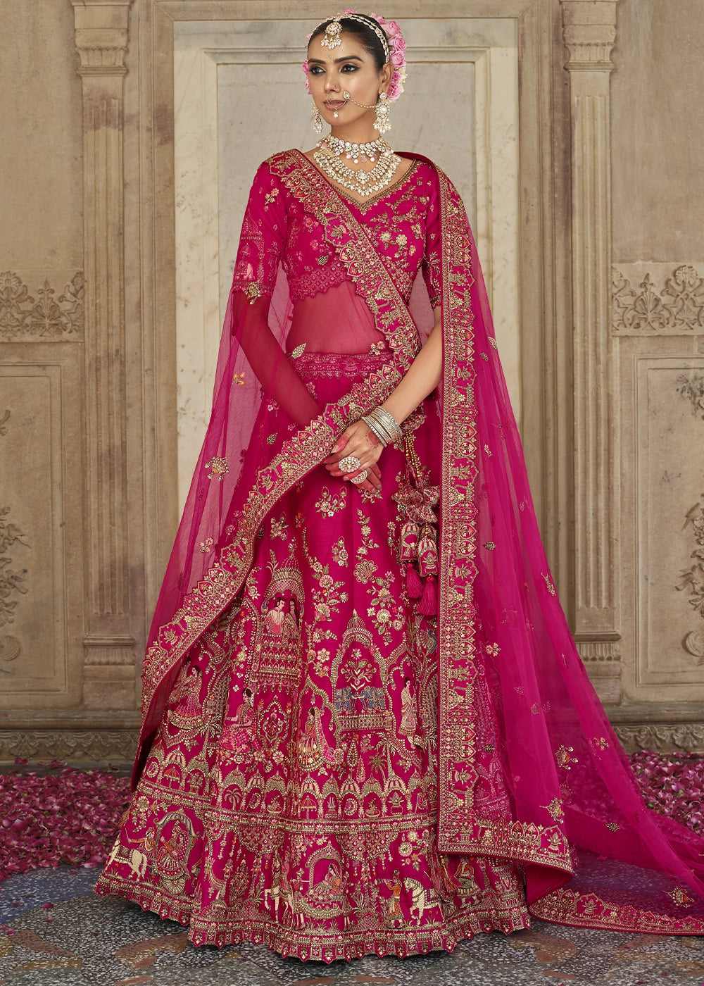 Red- Embroidery, Sequence, Thread Work Bridal Semi Stitched Lehenga House of Panchhi