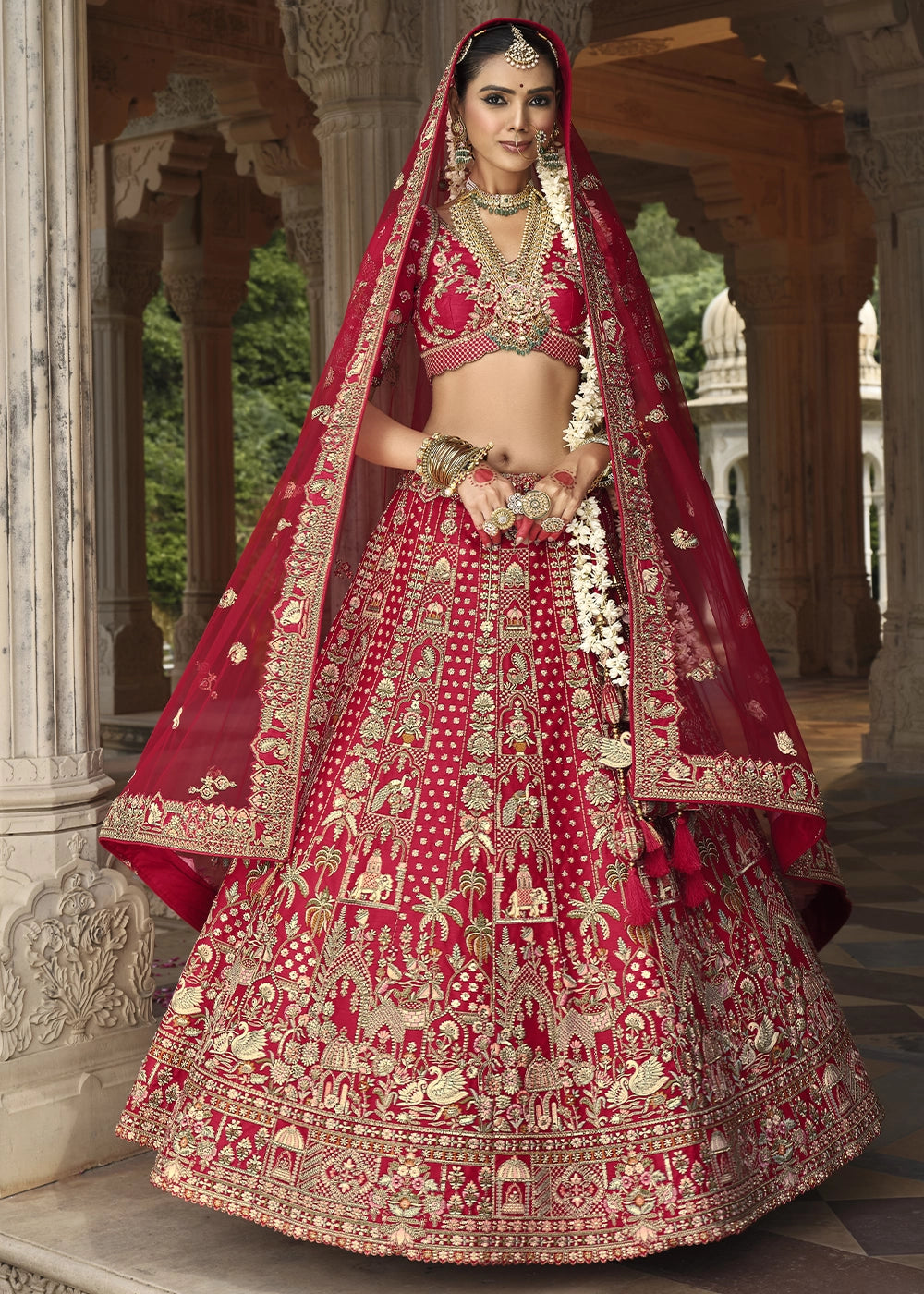 Red- Embroidery, Sequence, Thread Work Bridal Semi Stitched Lehenga House of Panchhi