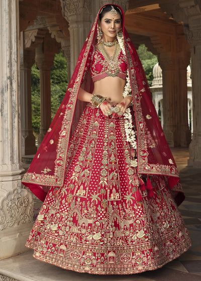 Red- Embroidery, Sequence, Thread Work Bridal Semi Stitched Lehenga House of Panchhi
