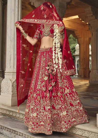 Red- Embroidery, Sequence, Thread Work Bridal Semi Stitched Lehenga House of Panchhi