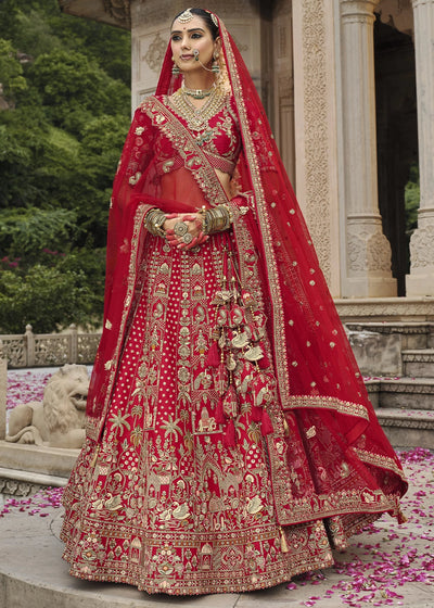 Red- Embroidery, Sequence, Thread Work Bridal Semi Stitched Lehenga House of Panchhi