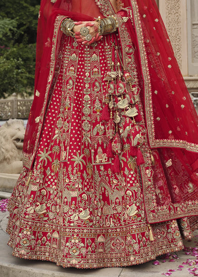 Red- Embroidery, Sequence, Thread Work Bridal Semi Stitched Lehenga House of Panchhi