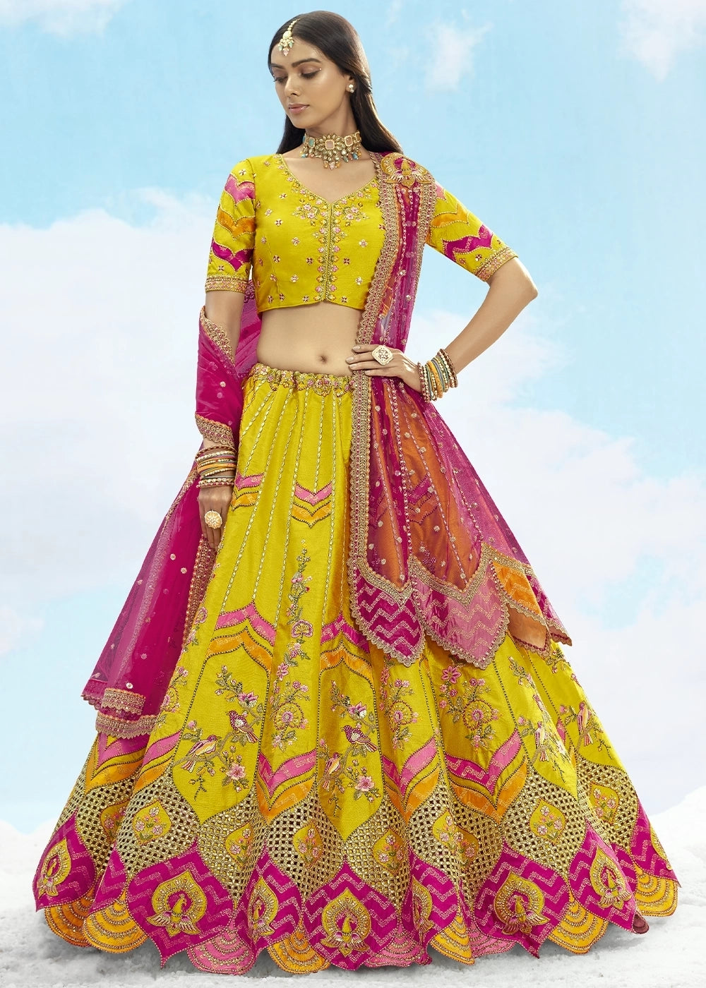 Patch & Cut Work Silk Embroidered Semi Stitched Lehenga Choli & Dupatta