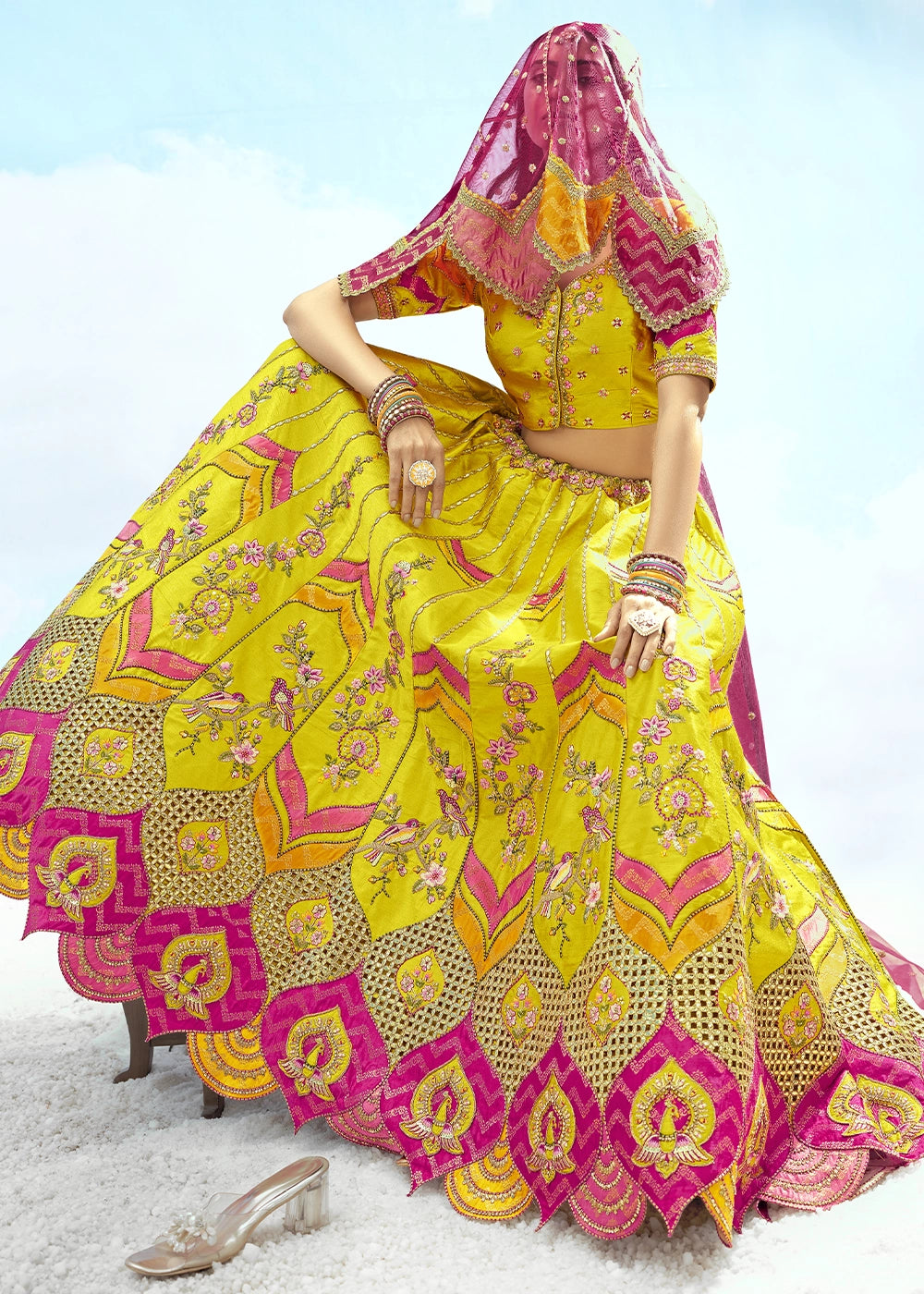 Patch & Cut Work Silk Embroidered Semi Stitched Lehenga Choli & Dupatta