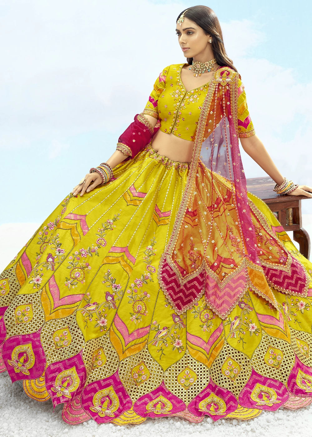 Patch & Cut Work Silk Embroidered Semi Stitched Lehenga Choli & Dupatta