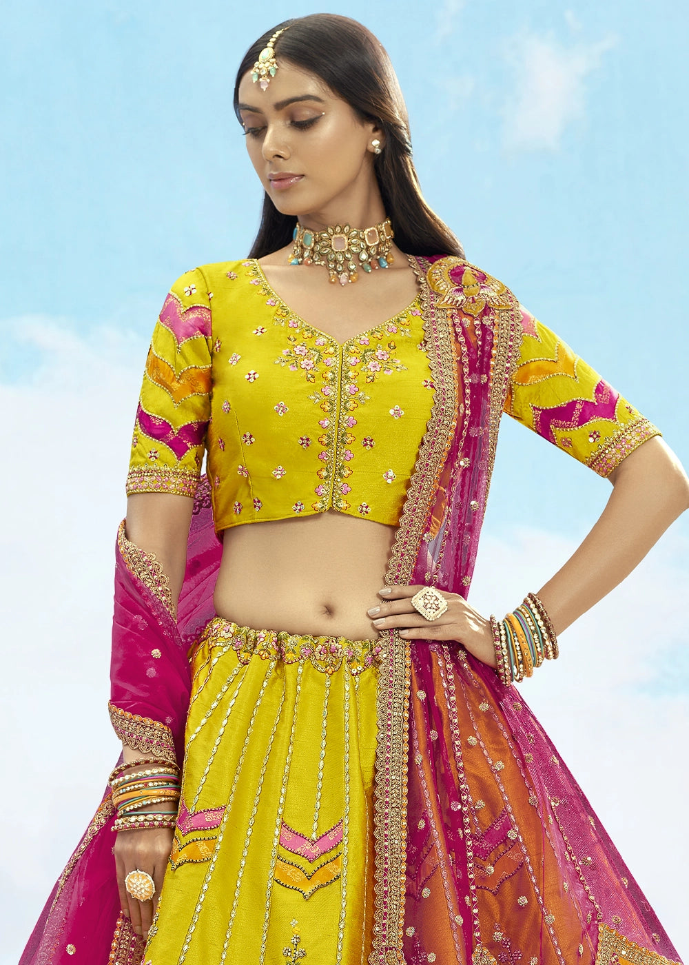Patch & Cut Work Silk Embroidered Semi Stitched Lehenga Choli & Dupatta