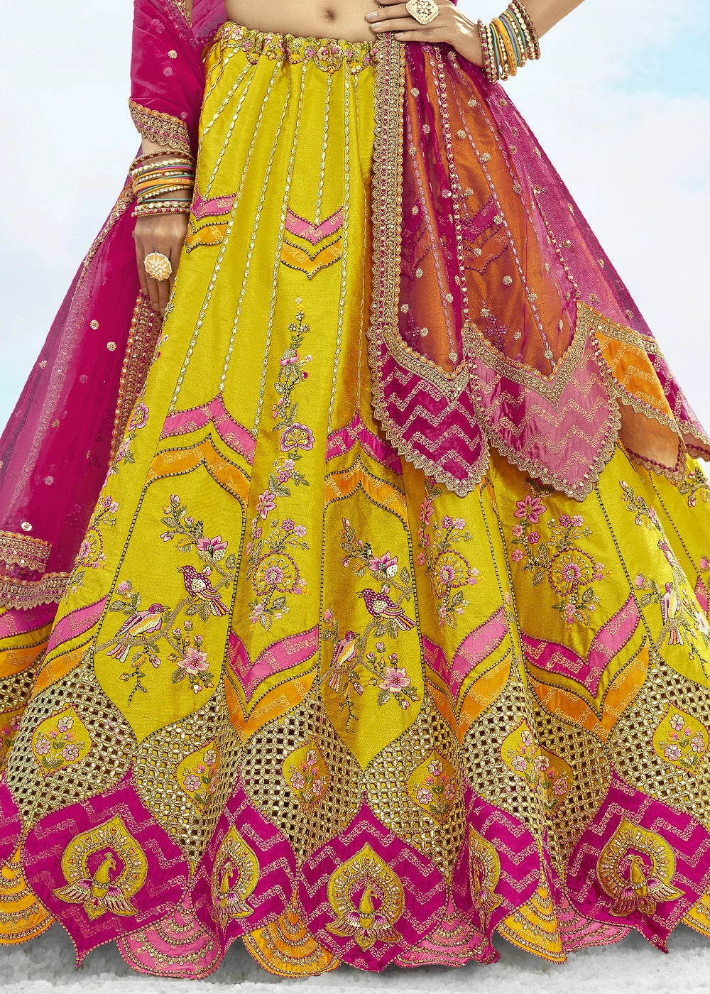 Patch & Cut Work Silk Embroidered Semi Stitched Lehenga Choli & Dupatta
