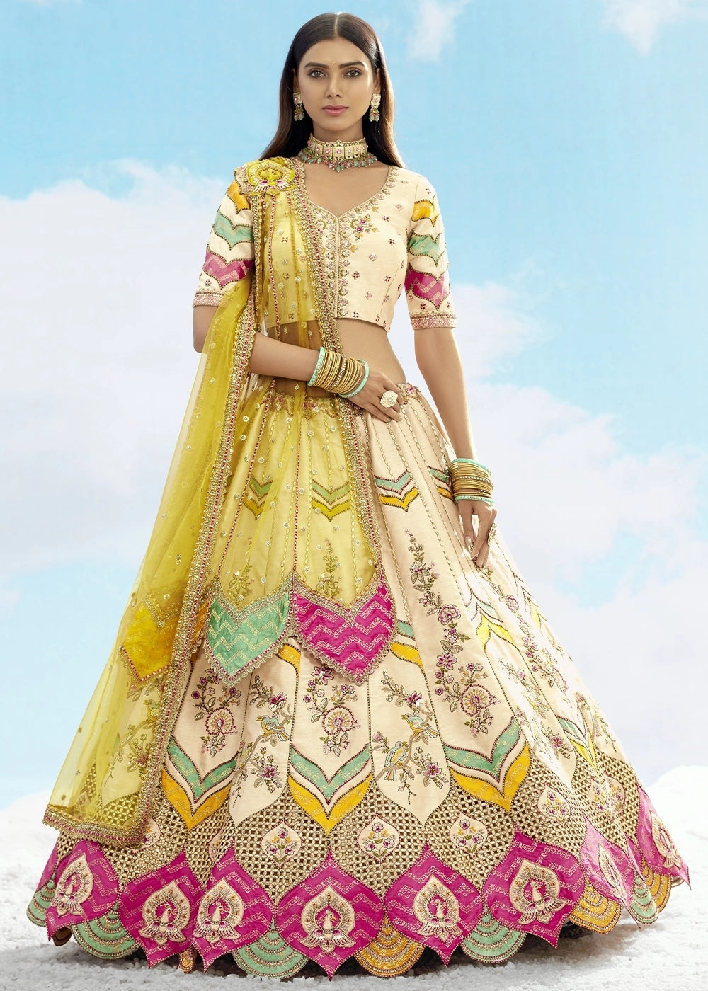 Patch & Cut Work Silk Embroidered Semi Stitched Lehenga Choli & Dupatta