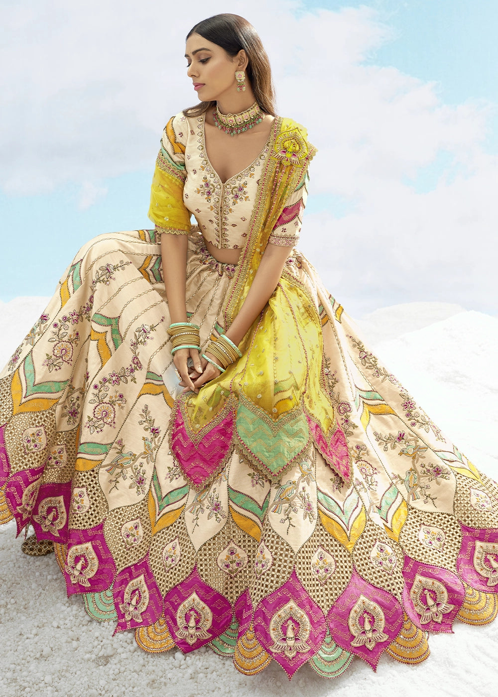 Patch & Cut Work Silk Embroidered Semi Stitched Lehenga Choli & Dupatta