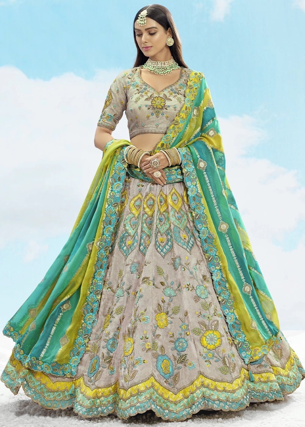 Patch & Cut Work Silk Embroidered Semi Stitched Lehenga Choli & Dupatta