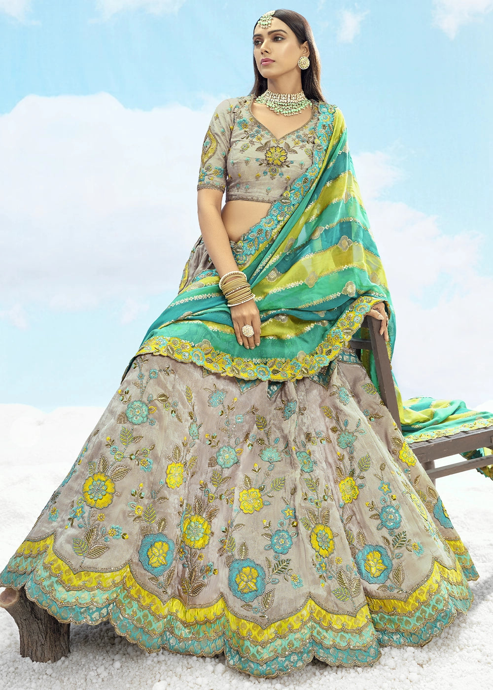 Patch & Cut Work Silk Embroidered Semi Stitched Lehenga Choli & Dupatta