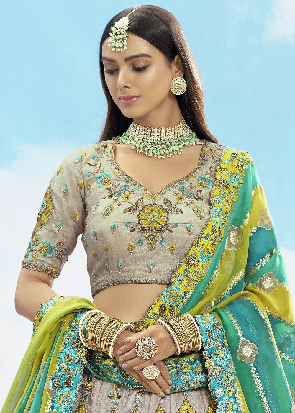 Patch & Cut Work Silk Embroidered Semi Stitched Lehenga Choli & Dupatta