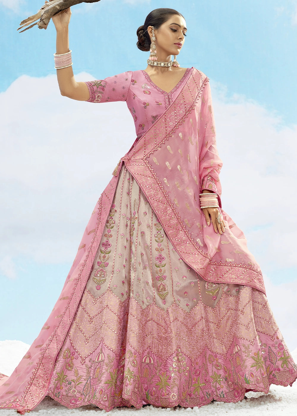Patch & Cut Work Silk Embroidered Semi Stitched Lehenga Choli & Dupatta