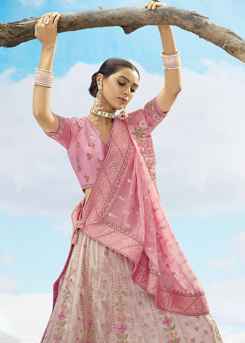 Patch & Cut Work Silk Embroidered Semi Stitched Lehenga Choli & Dupatta