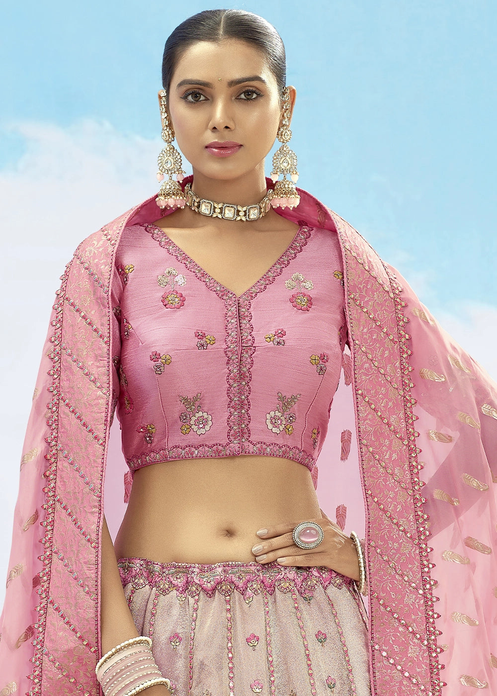 Patch & Cut Work Silk Embroidered Semi Stitched Lehenga Choli & Dupatta