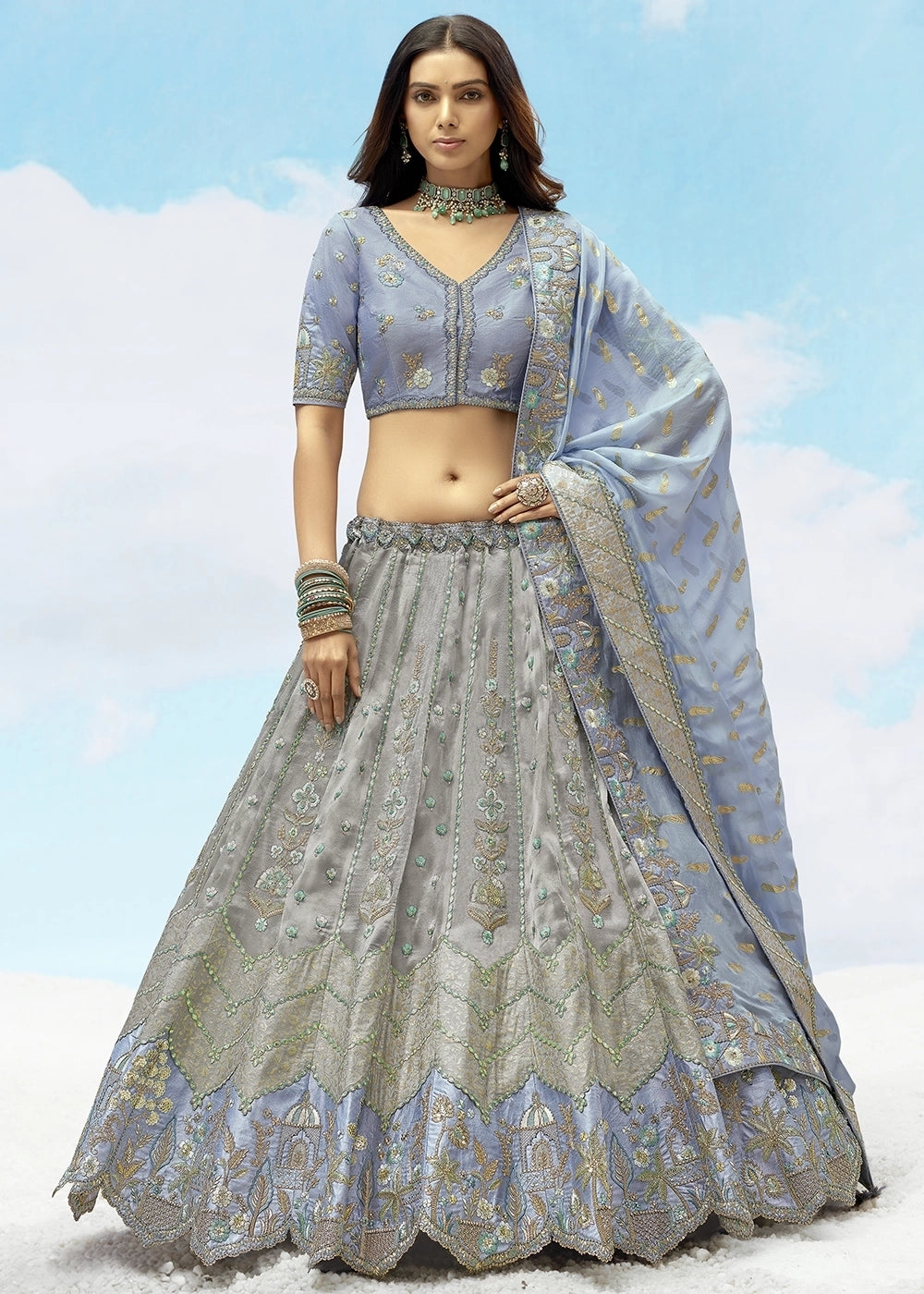 Patch & Cut Work Silk Embroidered Semi Stitched Lehenga Choli & Dupatta