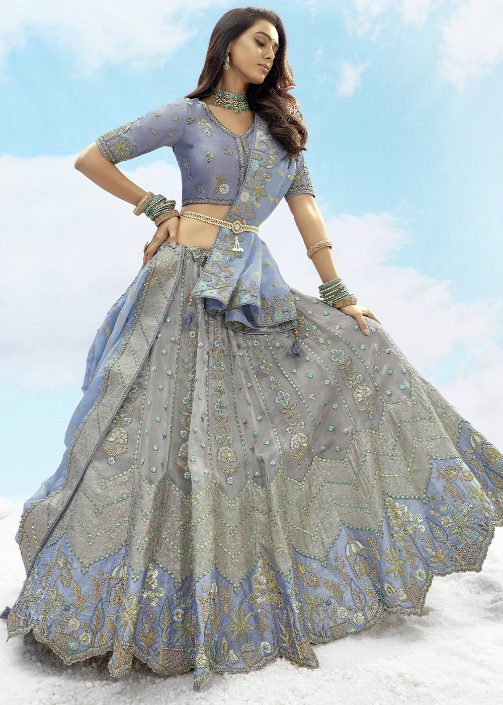 Patch & Cut Work Silk Embroidered Semi Stitched Lehenga Choli & Dupatta