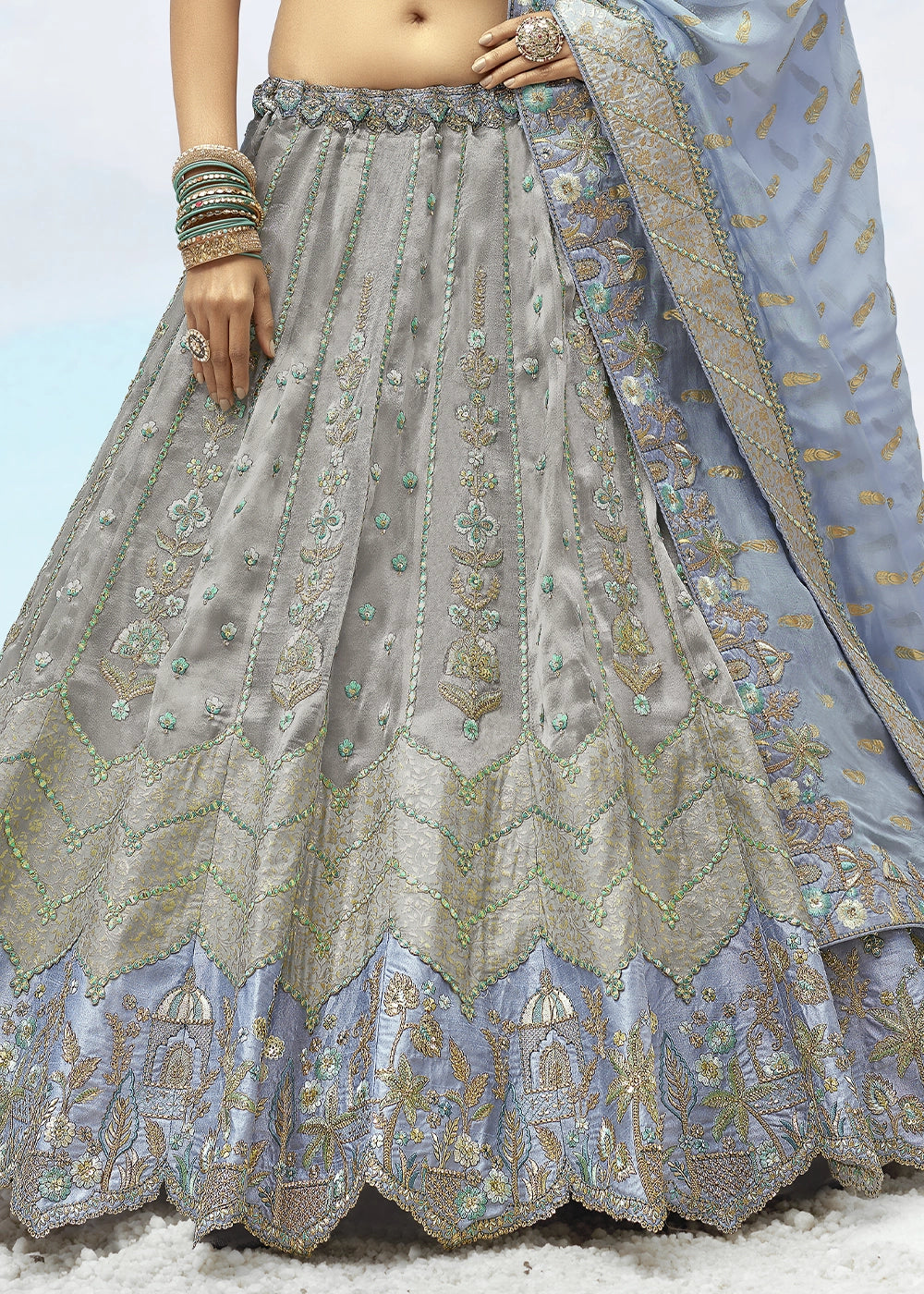 Patch & Cut Work Silk Embroidered Semi Stitched Lehenga Choli & Dupatta