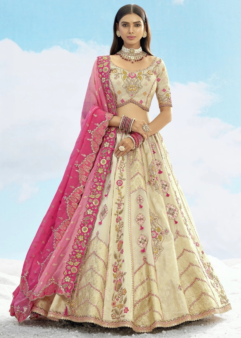 Patch & Cut Work Silk Embroidered Semi Stitched Lehenga Choli & Dupatta