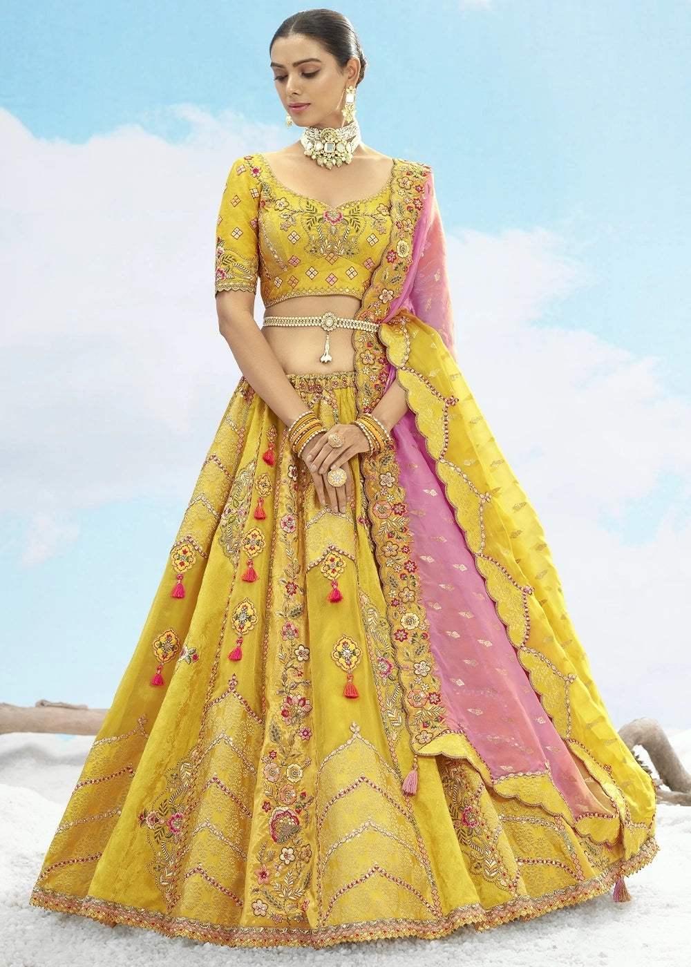 Patch & Cut Work Silk Embroidered Semi Stitched Lehenga Choli & Dupatta
