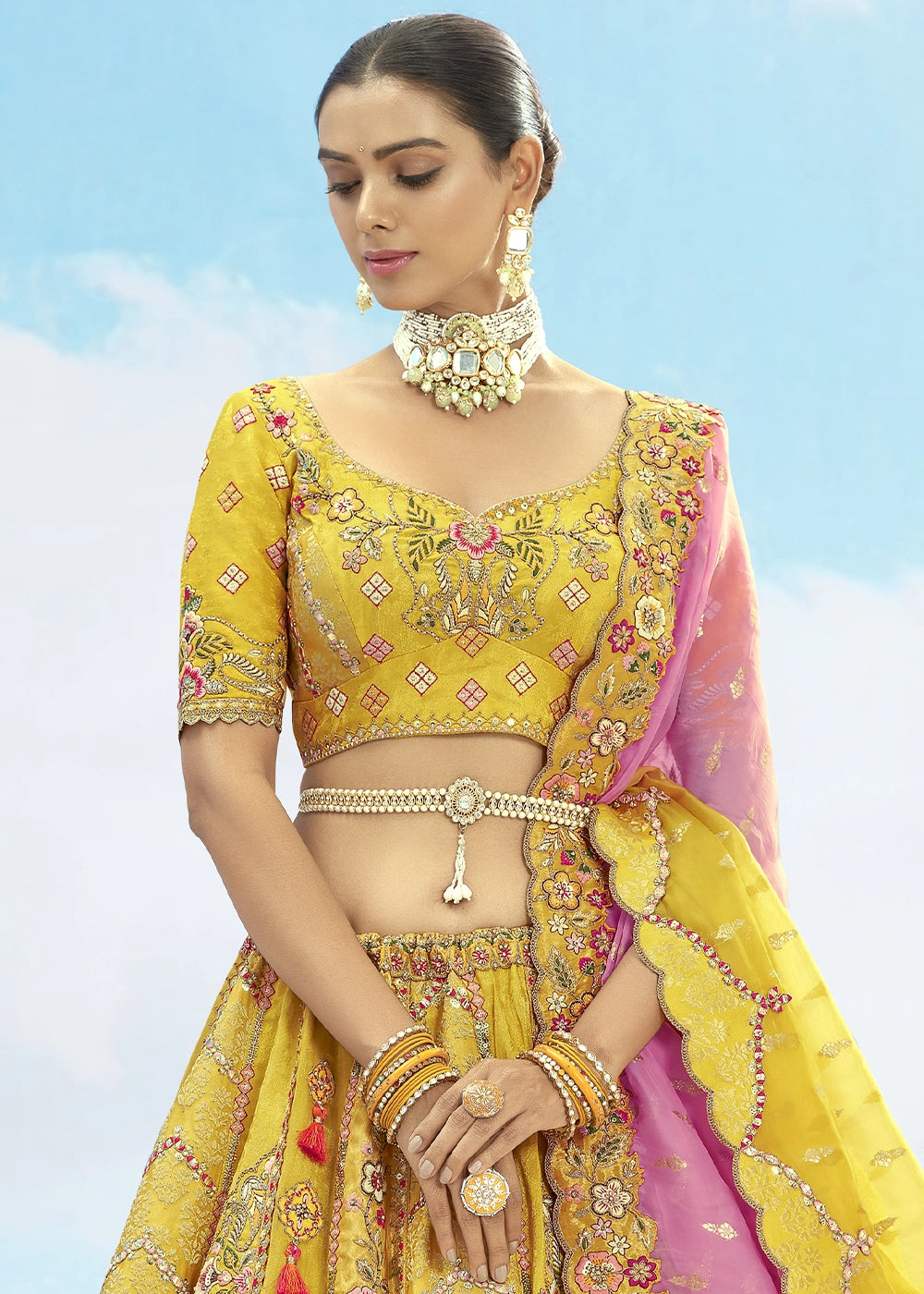 Patch & Cut Work Silk Embroidered Semi Stitched Lehenga Choli & Dupatta