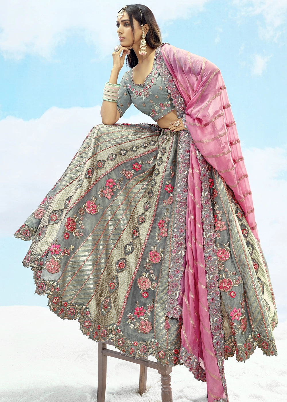 Patch & Cut Work Silk Embroidered Semi Stitched Lehenga Choli & Dupatta